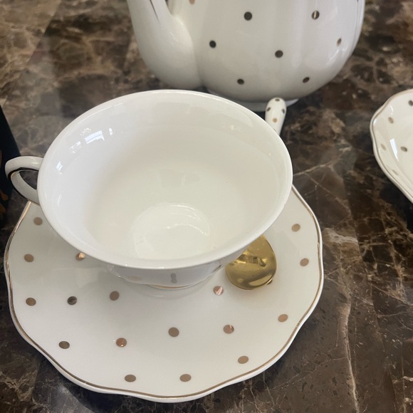 7pc white & gold polkadot Teapot, spoons, Cup & Saucer boxed by Grace teaware - Picture 13 of 16